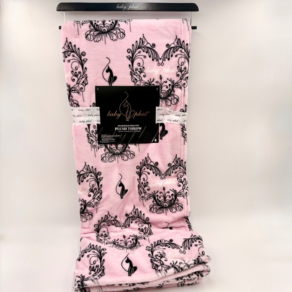 Baby Phat Pink Black Filigree Cat Logo Oversized Plush Throw Blanket 60x70 NEW